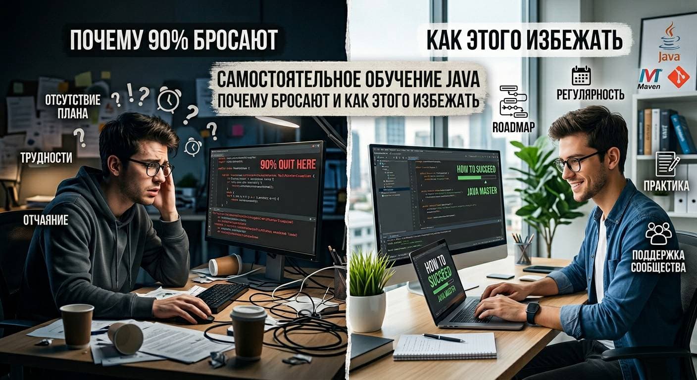 Иллюстрация к статье: почему при самостоятельном обучении Java бросают большинство новичков и как этого избежать